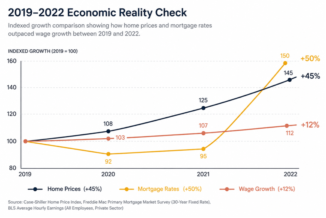 Line chart titled "2019 to 2022 Economic Reality Check," showing indexed growth with 2019 set to 100. Home prices in navy rise from 100 to 145, up 45 percent. Mortgage rates in gold dip to 92 in 2020, then climb sharply to 150, up 50 percent. Wage growth in terracotta rises steadily to 112, up 12 percent. Sources: Case-Shiller Home Price Index, Freddie Mac Primary Mortgage Market Survey 30-year fixed rate, and BLS Average Hourly Earnings for all private sector employees.