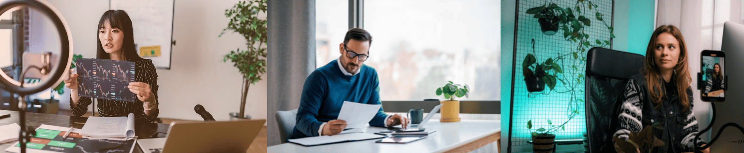 Three-panel image: two content creators recording financial videos on phones, and a man reviewing printed documents at a desk