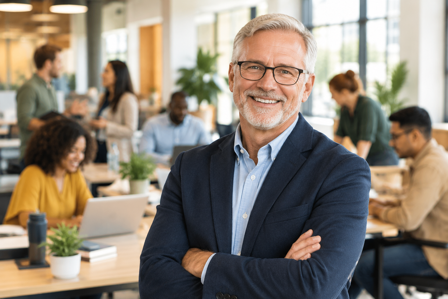 A confident business man in a workplace with people in the background working.