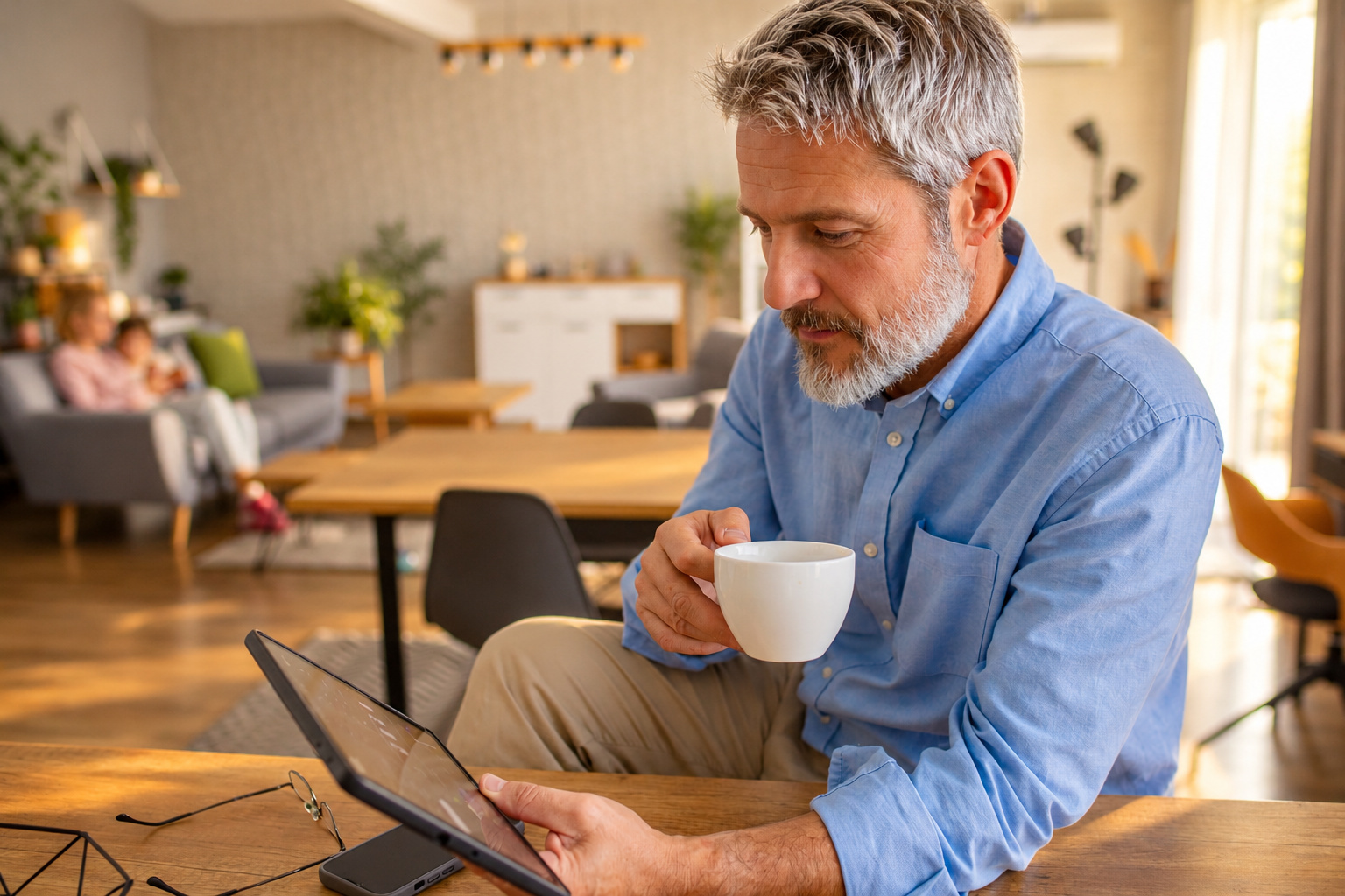 Man doing research online for his family's finances.