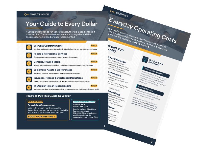 Two pages from the guide showing a preview of the table of contents page and the everyday operating costs page.